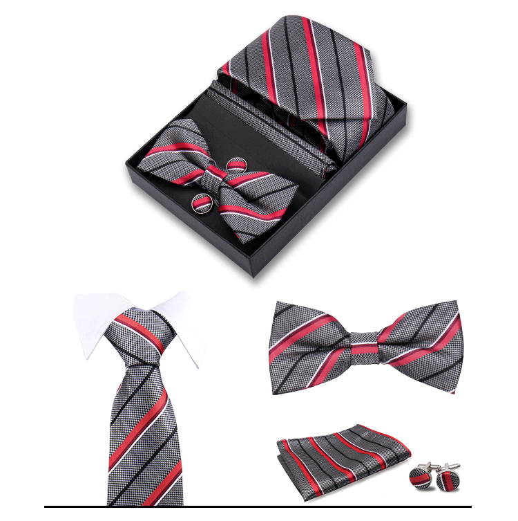 男士商务8cm领带领结口袋巾5件套礼盒装婚礼宴会条纹黑色手打领带详情28