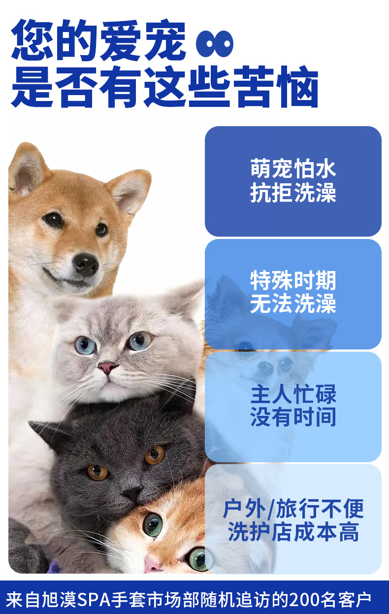 旭漠宠物免洗澡清洁手套湿巾干洗可舔舐猫咪狗狗除臭护理专用批发详情8