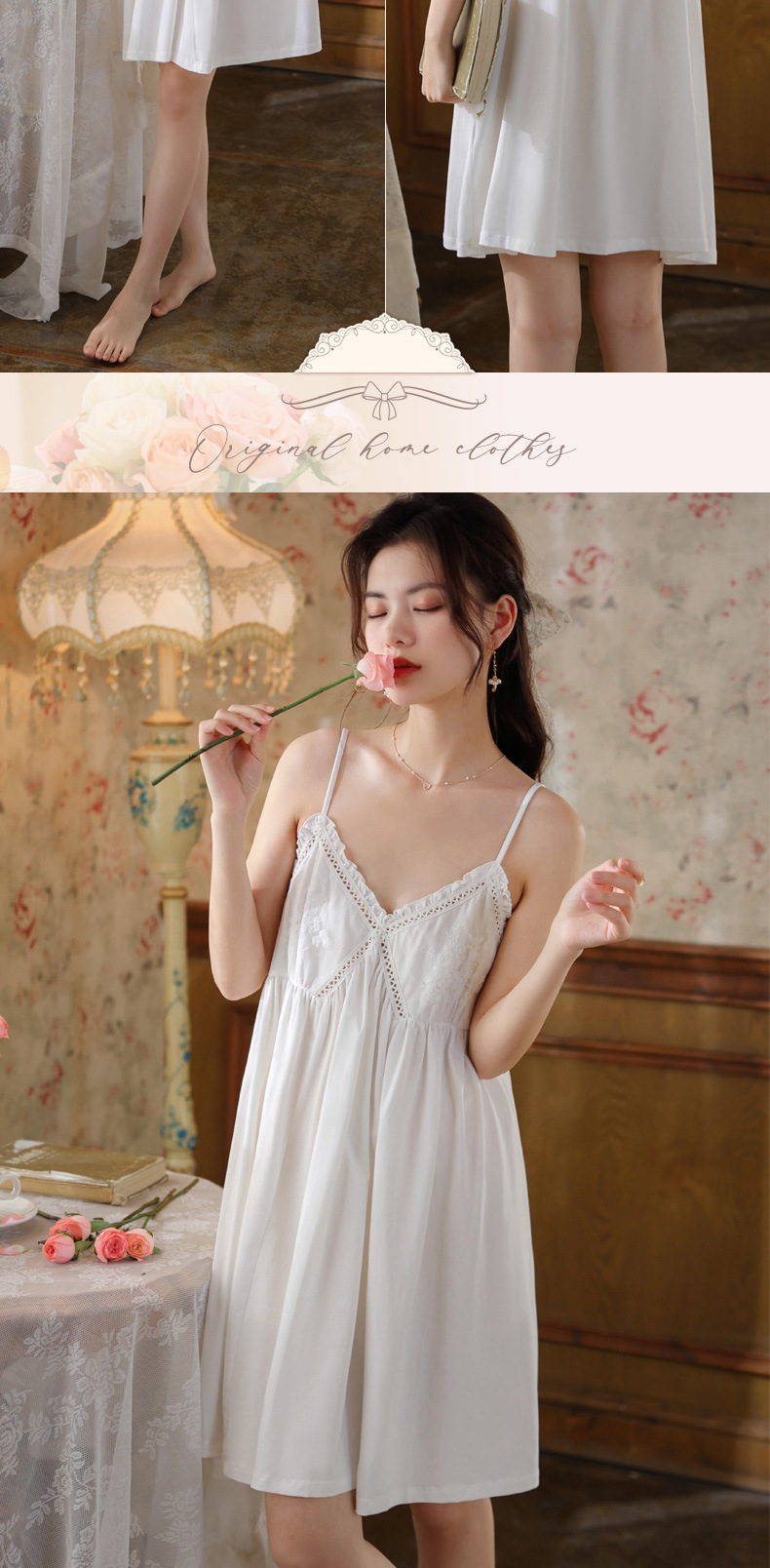 吊带睡裙女夏宫廷风性感蕾丝纯欲长款睡衣裙带胸垫可外穿家居服棉详情8