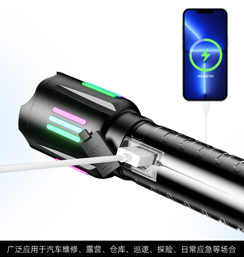 A new cross-border white laser long-range rechargeable flashlight with built-in battery, featuring a fluorescent strip and red and blue flashing outdoor flashlight pic 6