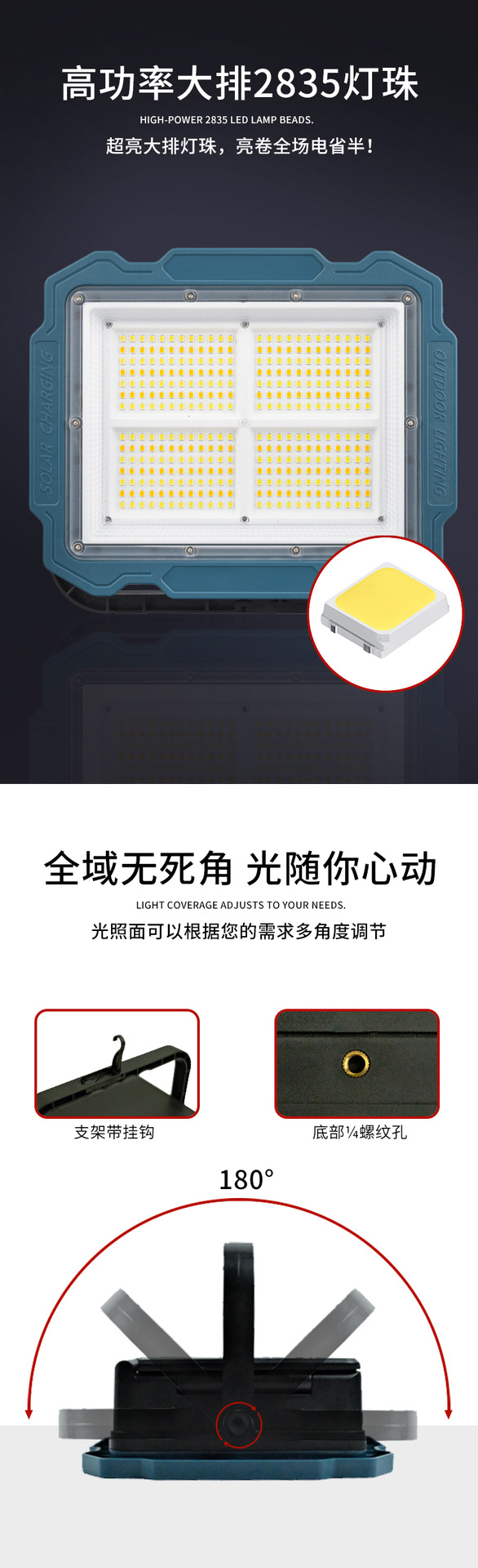 跨境三块太阳能板LED户外照明投光灯大容量长续航带挂钩工作灯详情3
