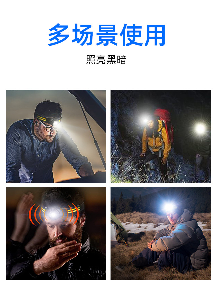 Induction headlight, LED head-mounted dual-light source night fishing headlight, USB charging running light, silicone headlight, strong light pic 15
