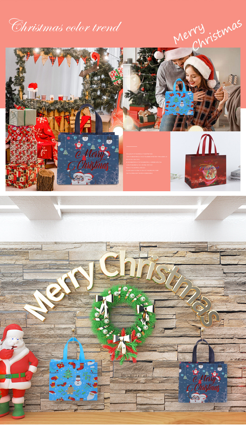 现货跨境圣诞节手提袋礼品包装袋便携折叠烫金覆膜无纺布袋定制详情13