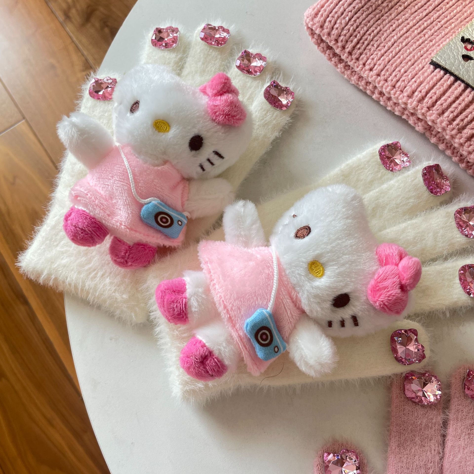 HelloKitty water diamond cute plush gloves for autumn and winter, Kitty Cat doll, warm knitted five-fingered gloves for girls pic 17