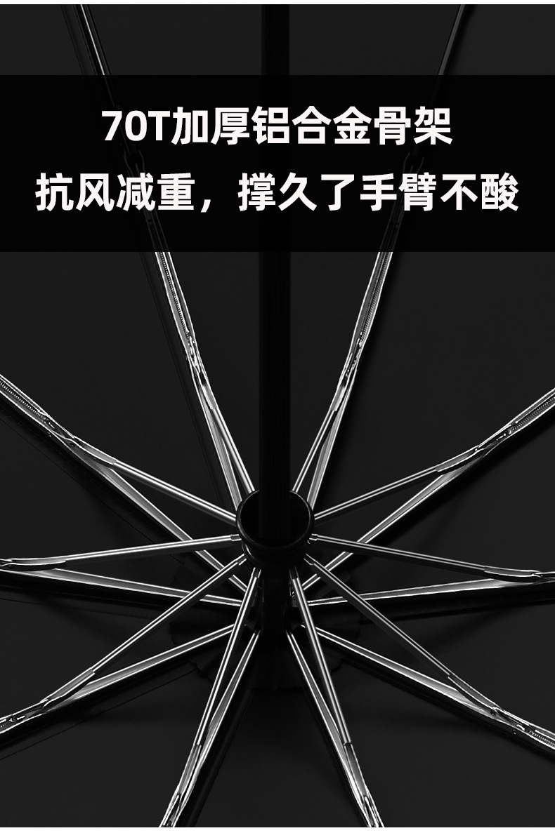 三折10骨自动双人伞实木手柄铝合金骨架黑胶面料防紫外线太阳雨伞详情14