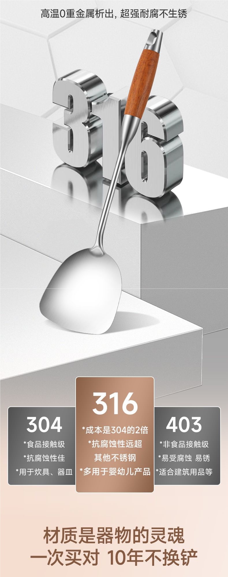 316 stainless steel spatula, food-grade household cooking spatula, wooden-handled spatula set, thickened long-handled iron spatula pic 2