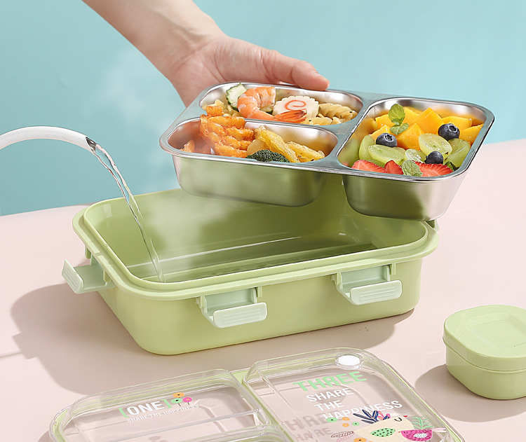 Estudiante con dip box nuevo plato de acero inoxidable comida ligera caja de bento sellada split box lunch cuadrado lunch box plástico pic 9