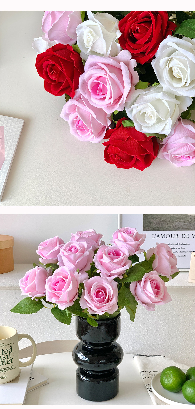 绒布珍珠瀑布玫瑰花仿真花婚礼情人节玫瑰花墙家居装饰假花花艺详情13