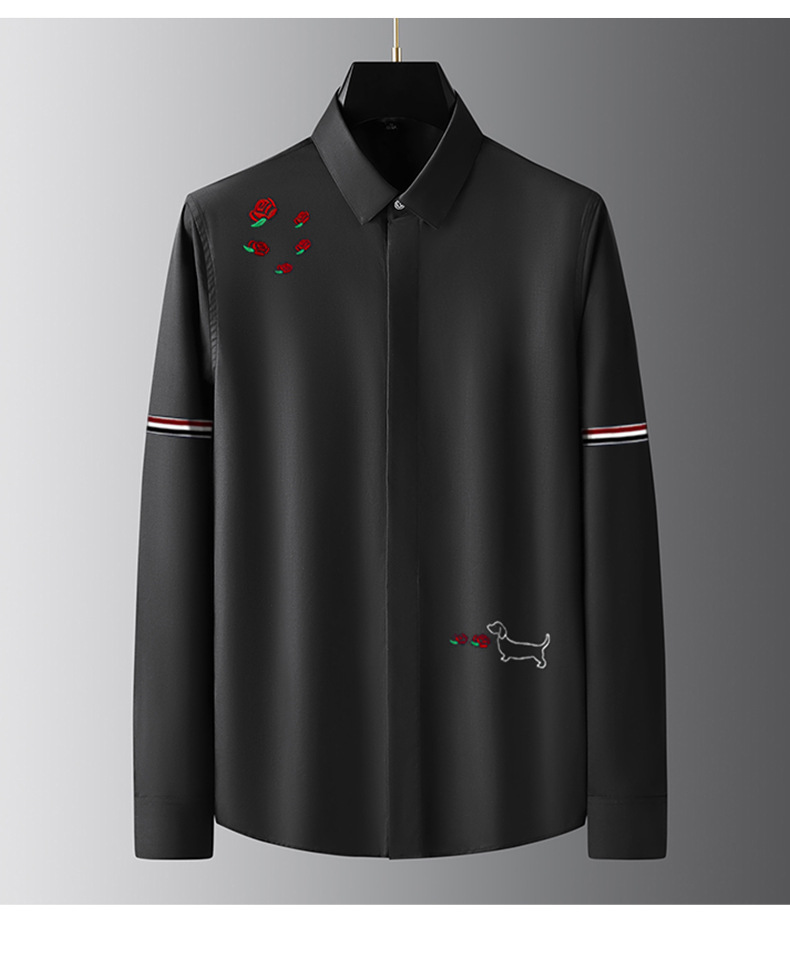 轻奢高级感新款免烫高端纯色男士长袖衬衫刺绣红玫瑰百搭纯白男衬 pic 9