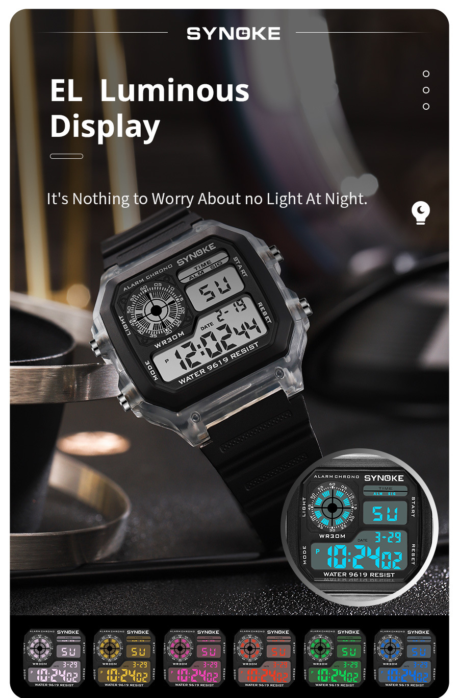 厂货SYNOKE学生电子表夜光防水运动男士方形经典复古潮流运动新品详情10