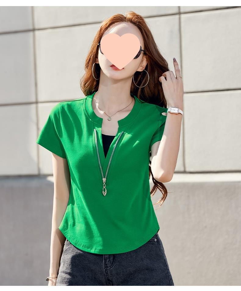 别致短袖t恤女装2025新款爆款夏季修身高腰假两件v领拉链短款上衣详情14