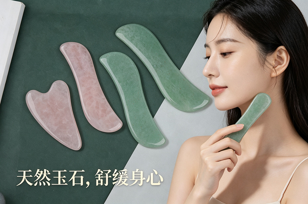 厂家天然玉石绿东陵刮痧板粉晶按摩板脸部面部全身通用刮痧按摩器详情8