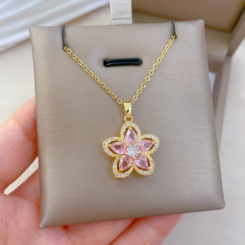 【钛钢】粉色五瓣花满钻轻奢气质华丽满钻项链女百搭锁骨链钛钢详情8