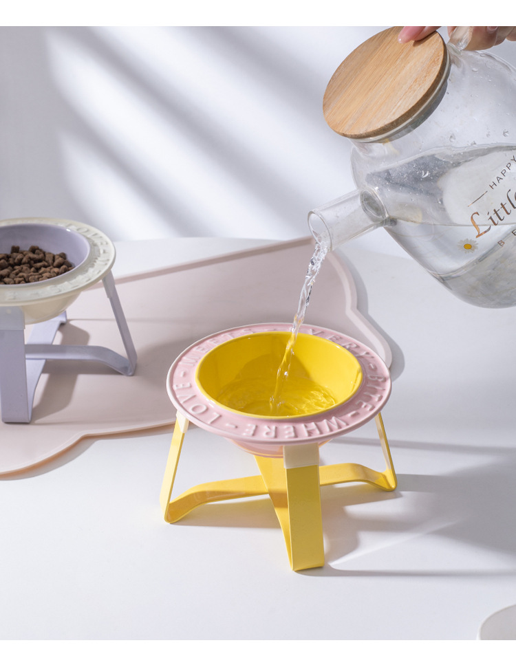 BD Flying saucer ceramic cat bowl and dog bowl stand, neck guard to prevent overturning, macaron-colored pet bowl, food bowl, water bowl, height-increasing iron stand pic 11