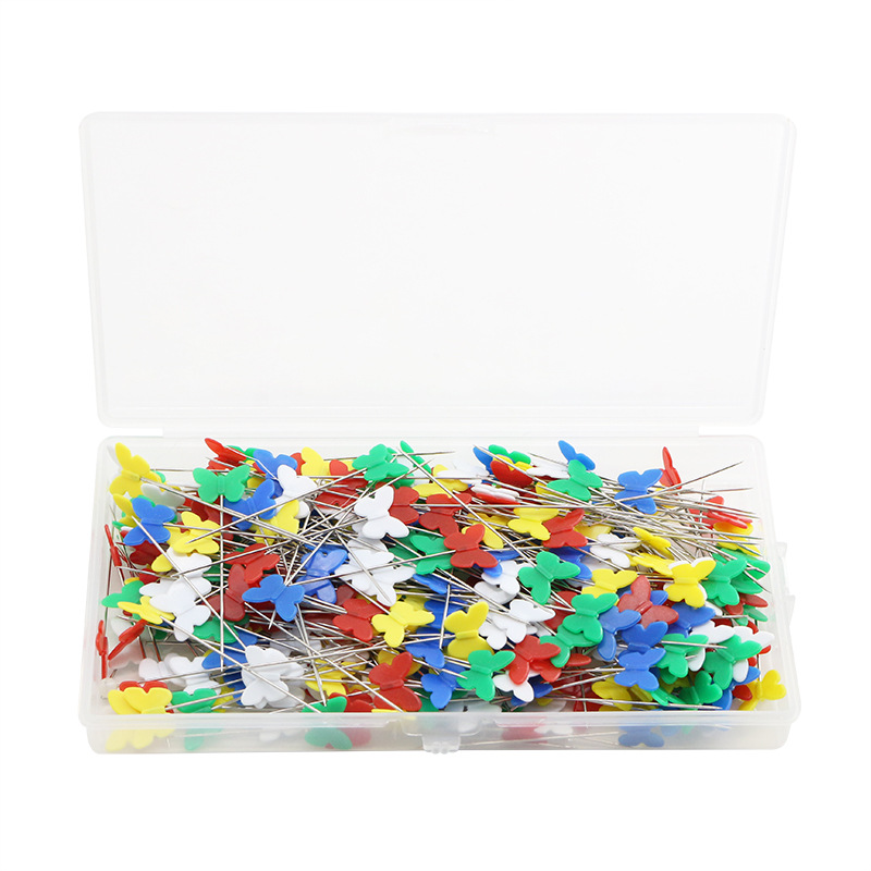 Cross-border PP hanging box contains 300 pieces per box, featuring multiple combinations of patterned needles, large-head quilted straight needles, butterfly and plum blossom button needles pic 9