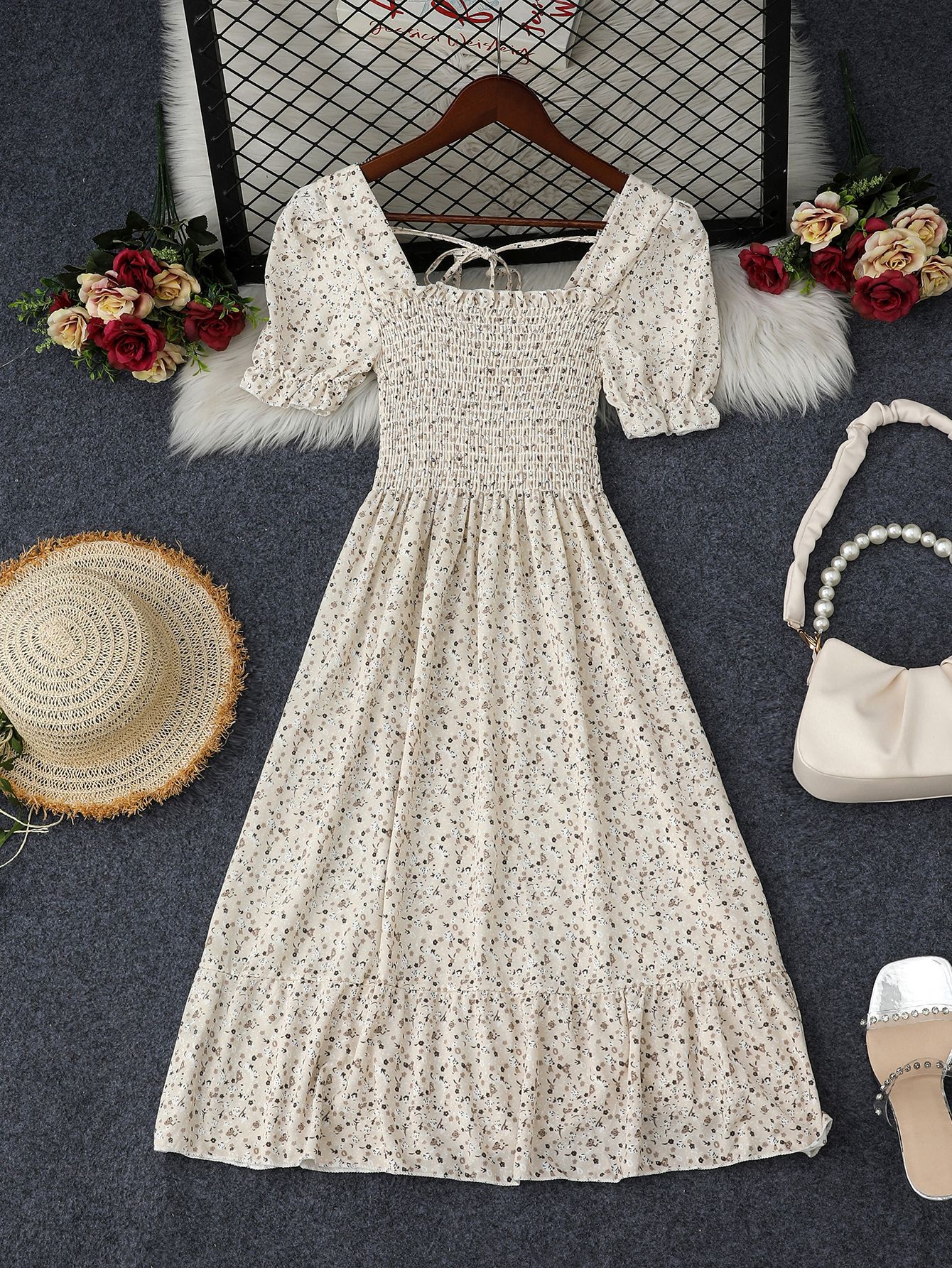 东南亚跨境电商2025夏季甜美法式复古高腰显瘦女式连衣裙厂家直销详情2