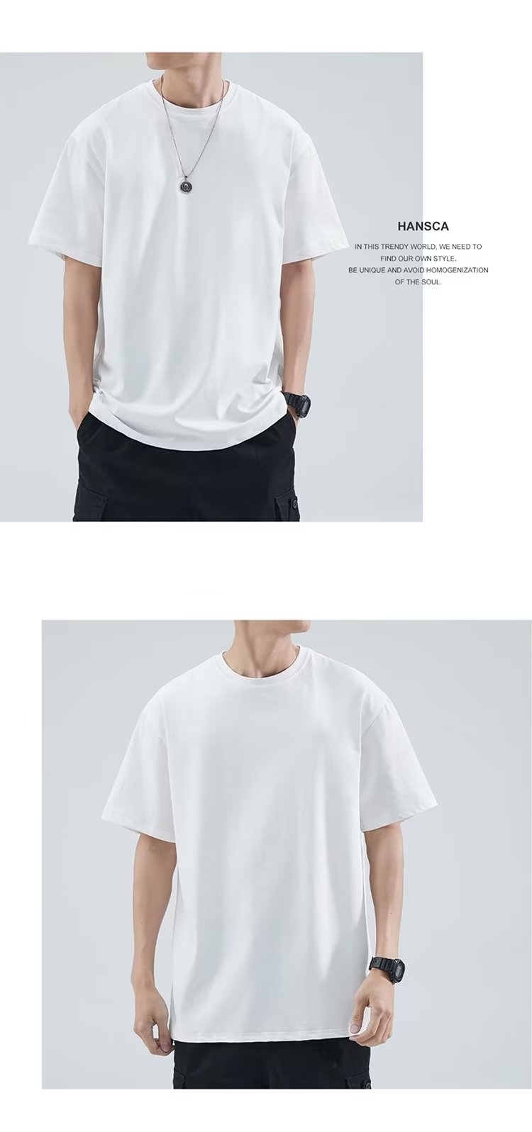 港风短袖t恤男士夏季宽松大码男装潮牌白色体恤简约百搭纯色半袖详情3