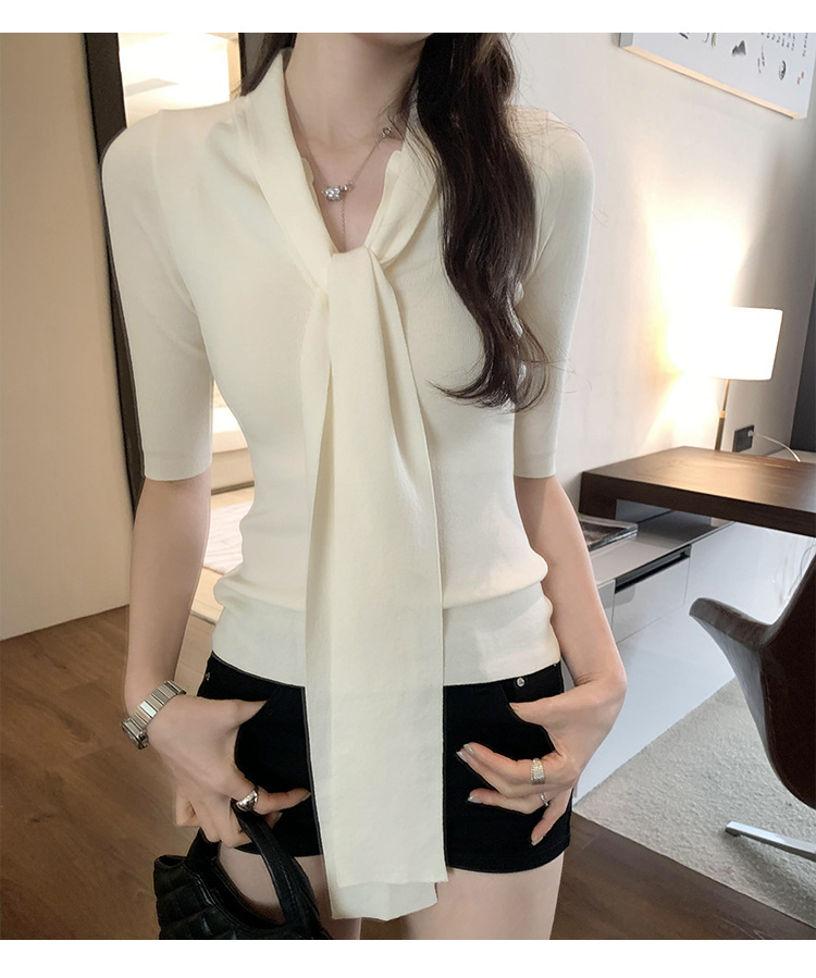 法式别致辣妹V领系带修身短袖针织衫女春夏2025新款气质显瘦上衣详情21