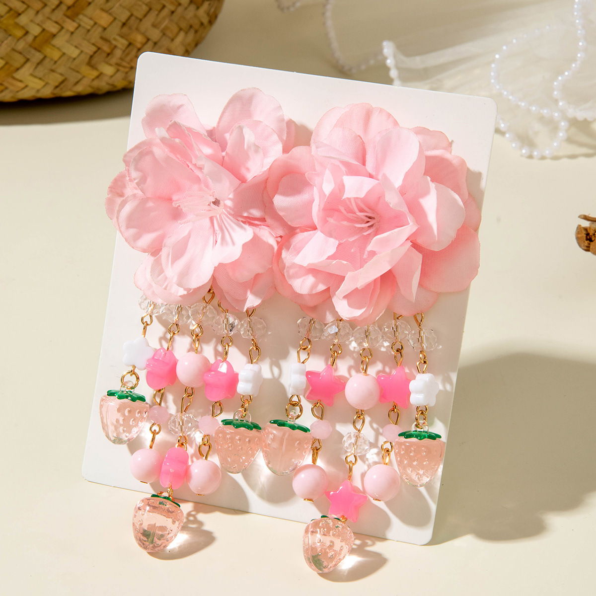 欧美跨境时尚清新布艺花朵流苏串珠优雅甜美情人节礼物耳坠耳环女详情30