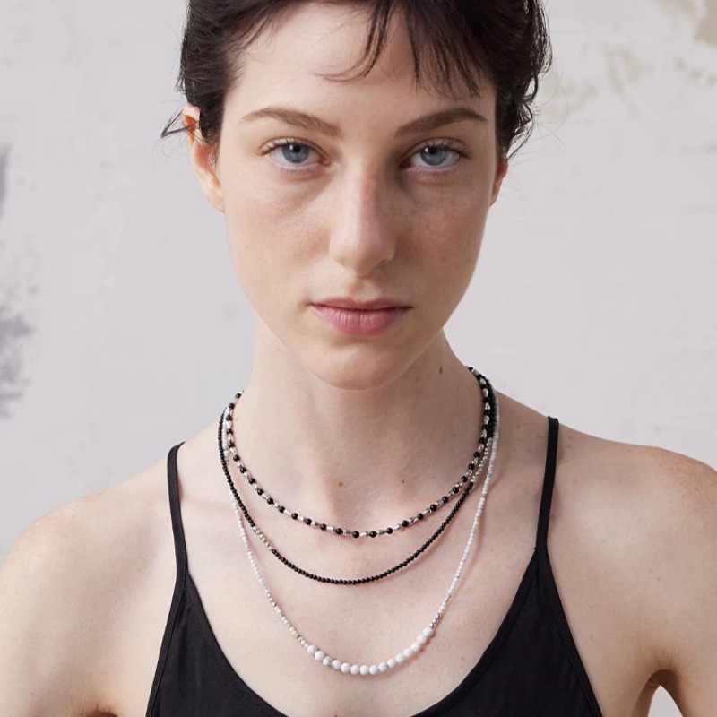 小众设计黑玛瑙串珠长款项链女简约冷淡风气质双层叠戴OT扣锁骨链详情1