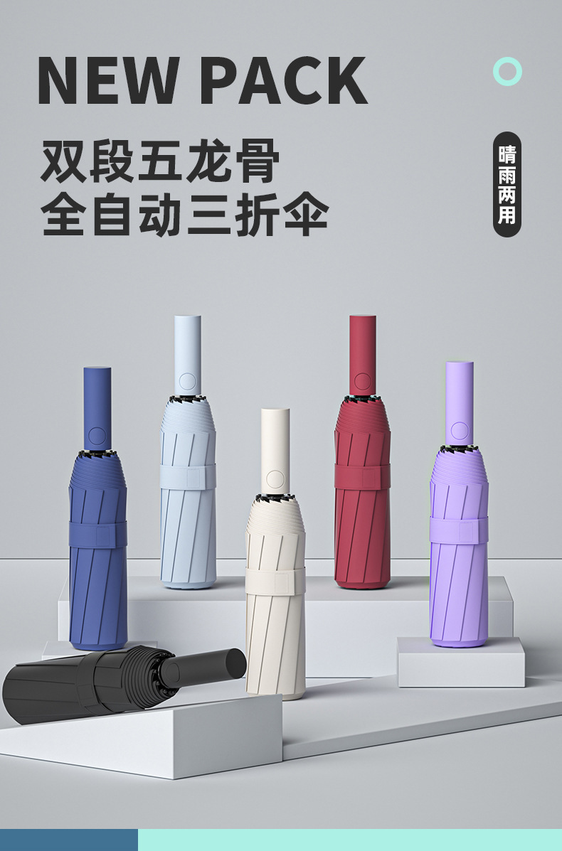 60骨纤维抗风折叠商务全自动晴雨伞 黑胶防晒遮阳防紫外线太阳伞详情2