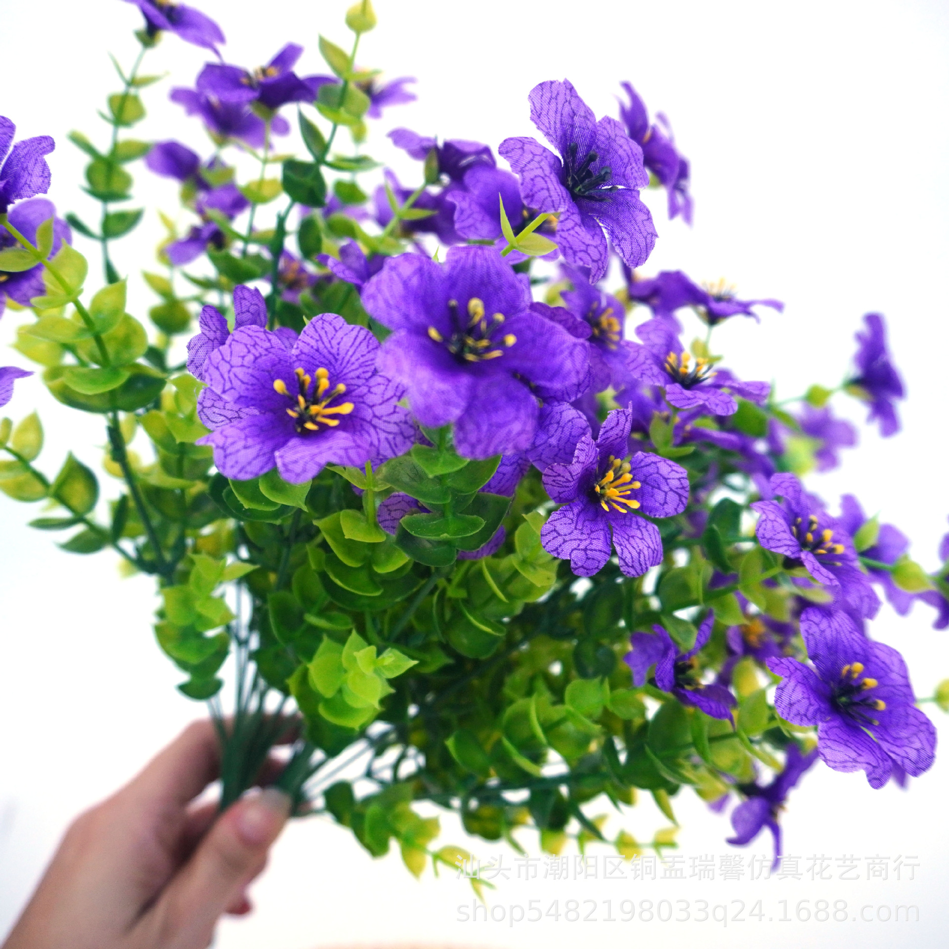 跨境亚马逊TEMU尤加利紫罗兰丝印布花仿真花婚庆户外装饰假花摆件详情7