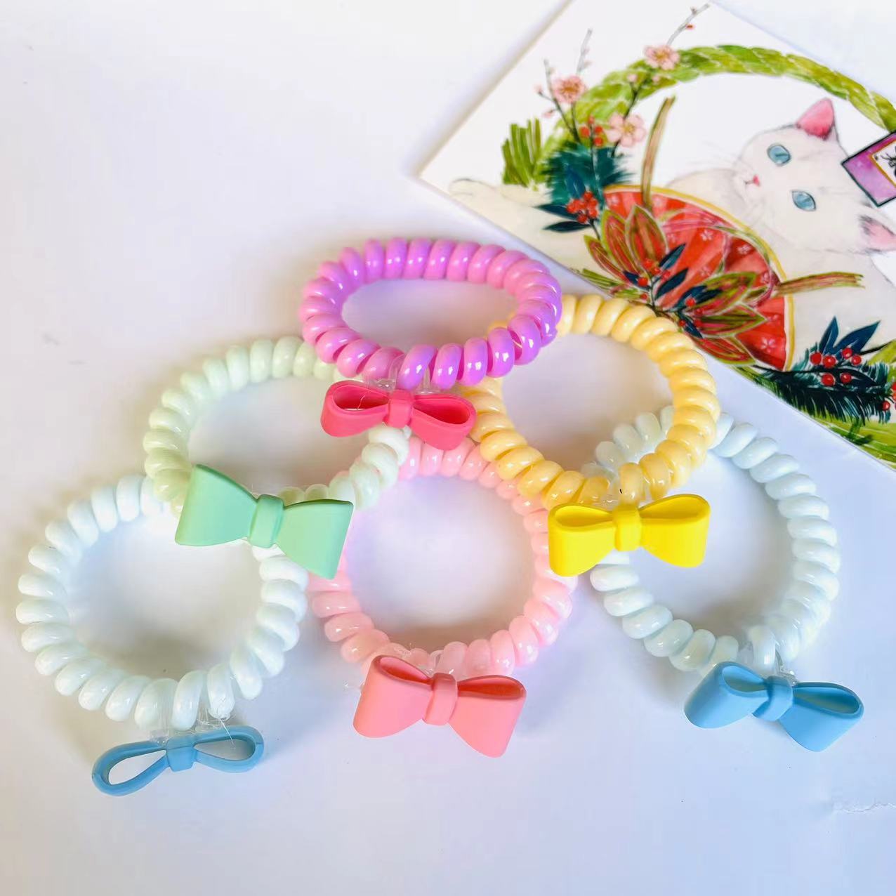 【1-9 Zones 】 Bow phone ring 100/ pack 5000/ box Spring candy-colored bow phone line hair tie Hair ring does not damage hair, good elasticity 1 yuan 2 yuan pic 2