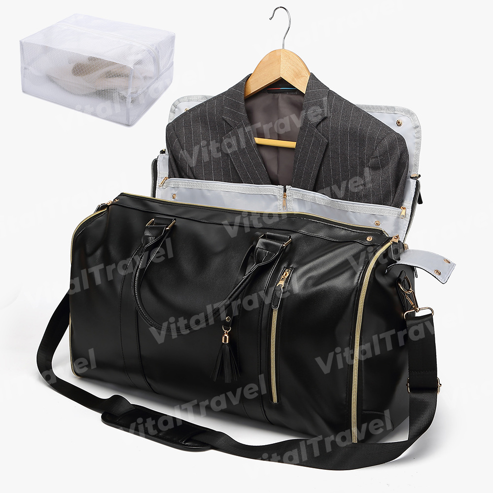 现货全黑色加厚PU面料可折叠旅行包随身服装行李袋可带上飞机便携详情4