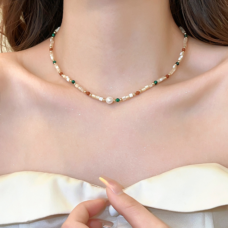 钛钢天然石贝壳淡水珍珠项链女气质轻奢时尚颈链孔雀玛瑙锁骨链详情4