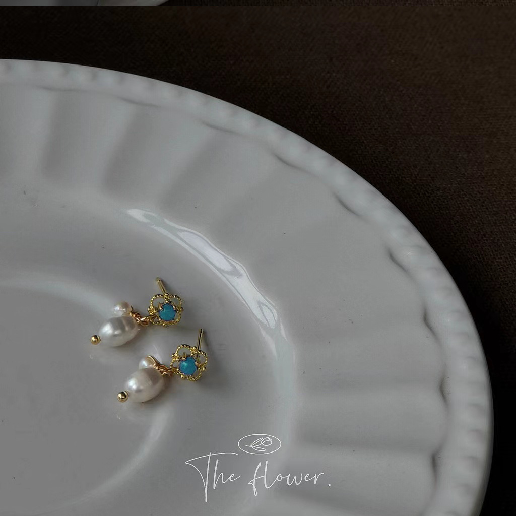 Bright blue dazzling freshwater pearl vintage 925 silver needle plated 14K earrings, French simple and small stud earrings for women pic 4