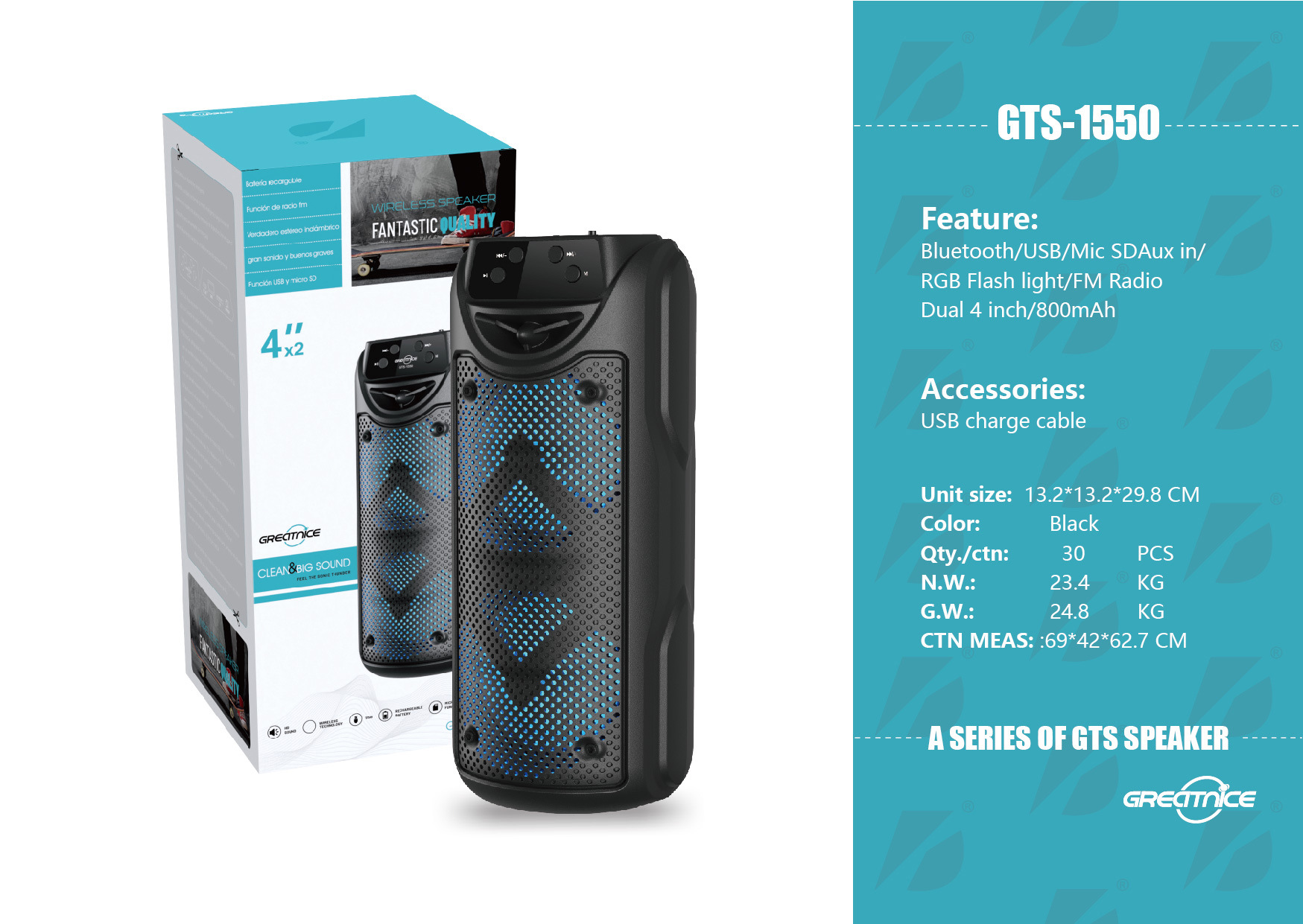 GTS-1550Temu Cross-border Special price outdoor portable Bluetooth speaker, wireless handheld color light high-volume speaker pic 1