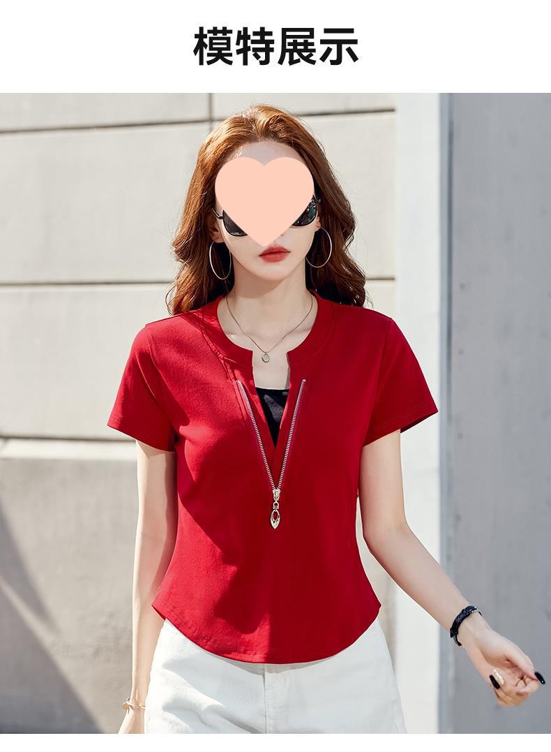 别致短袖t恤女装2025新款爆款夏季修身高腰假两件v领拉链短款上衣详情10