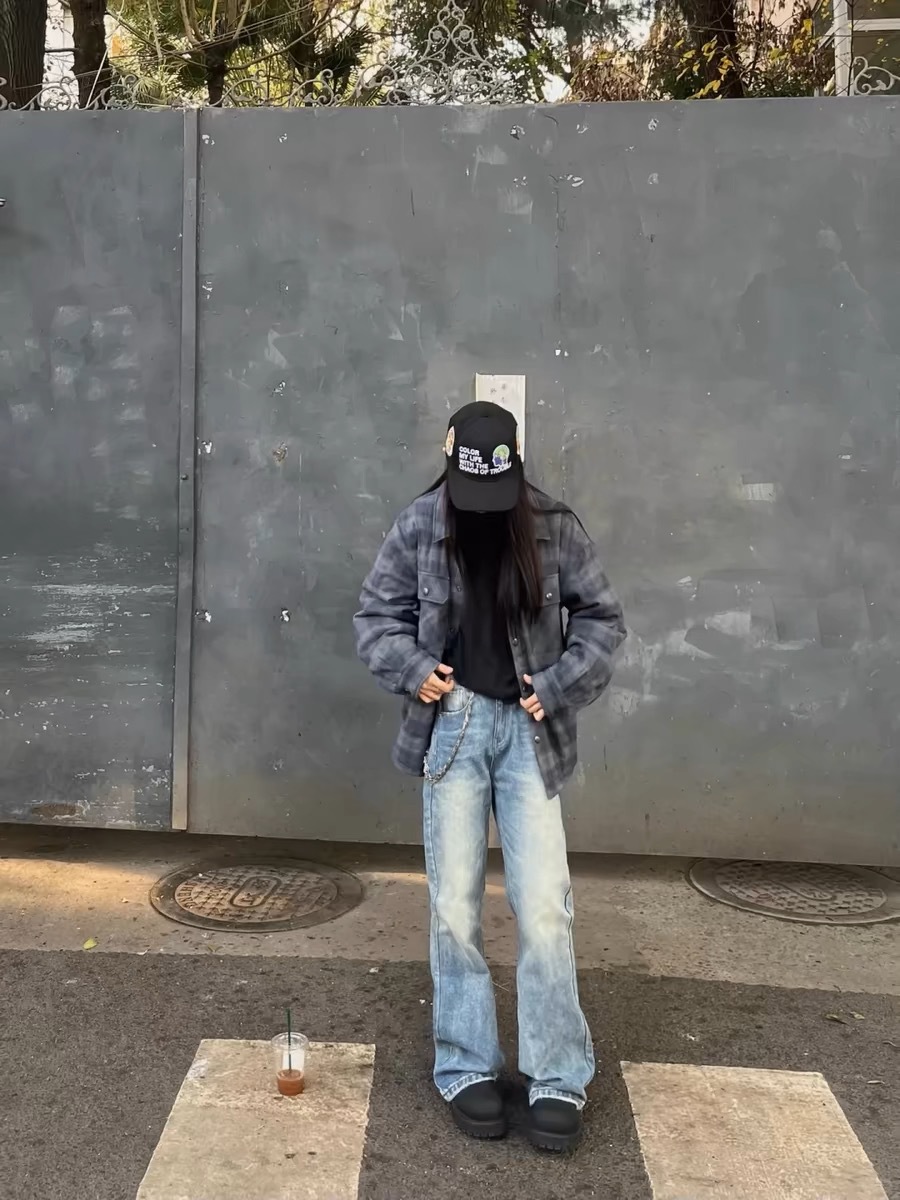 高货 冰蓝517风格水洗做旧猫须复古cleanfit直筒微喇男女牛仔长裤详情13