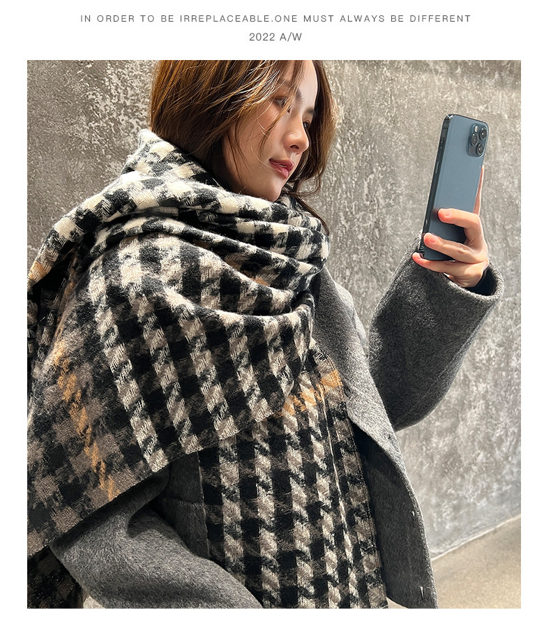 时尚格子围巾冬季韩版甜美仿羊绒千鸟格围巾批发加厚保暖披肩礼品详情33