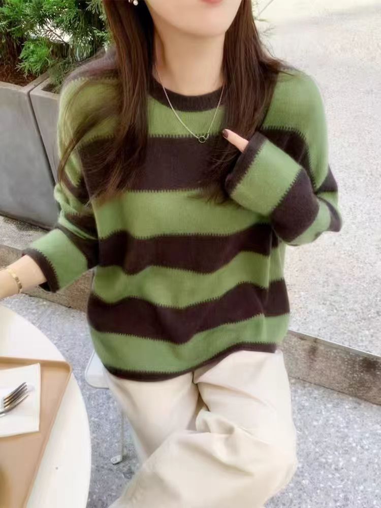 羊毛敲级绒感配色圆领毛衣圆领上衣宽松针织衫羊毛衫女澳洲绿色详情9