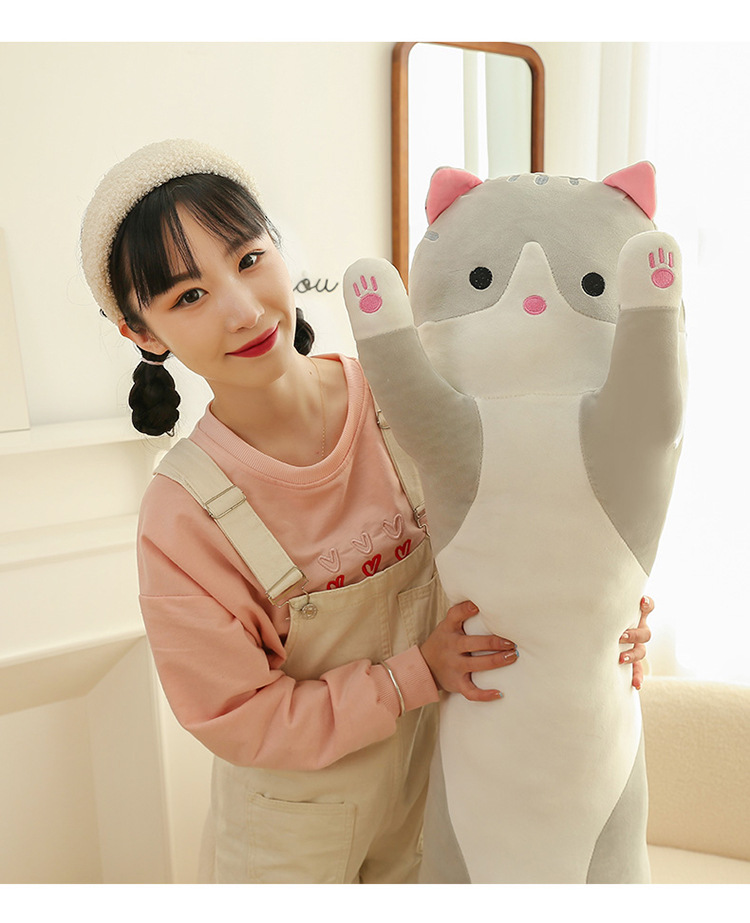 跨境长条猫胖款抱枕可爱猫咪动物公仔毛绒玩具安抚娃海外压缩包装详情23