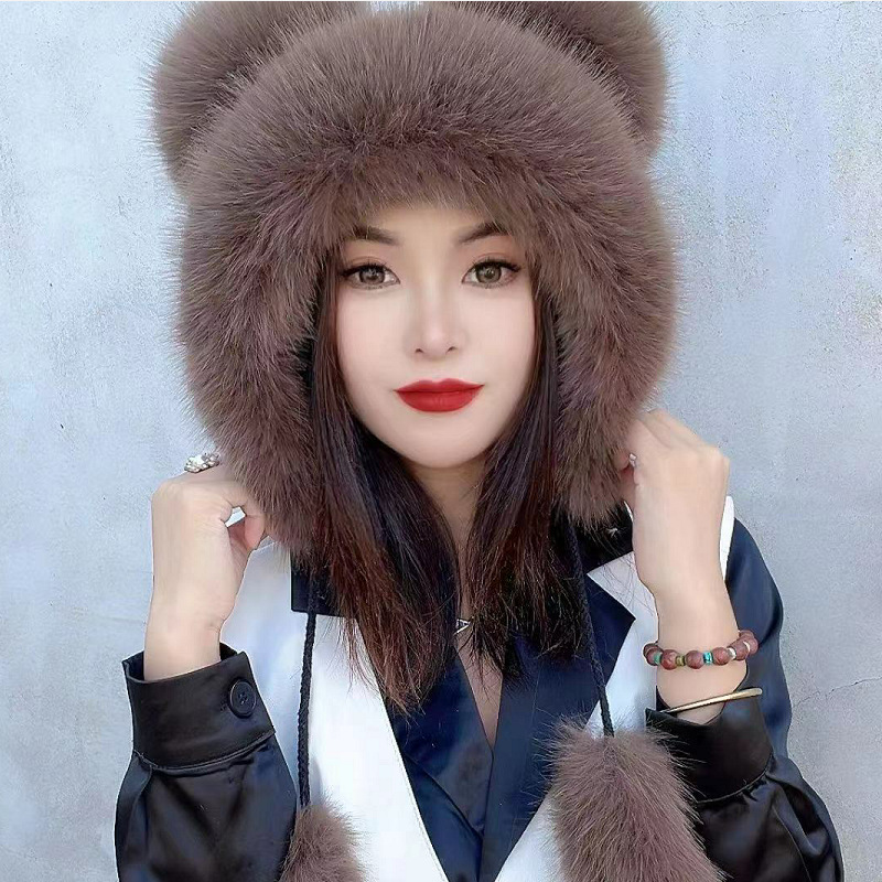 New cute bear-ear hats imitating fox fur autumn and winter hats, women's winter fur hats, stylish ski caps for warmth pic 9