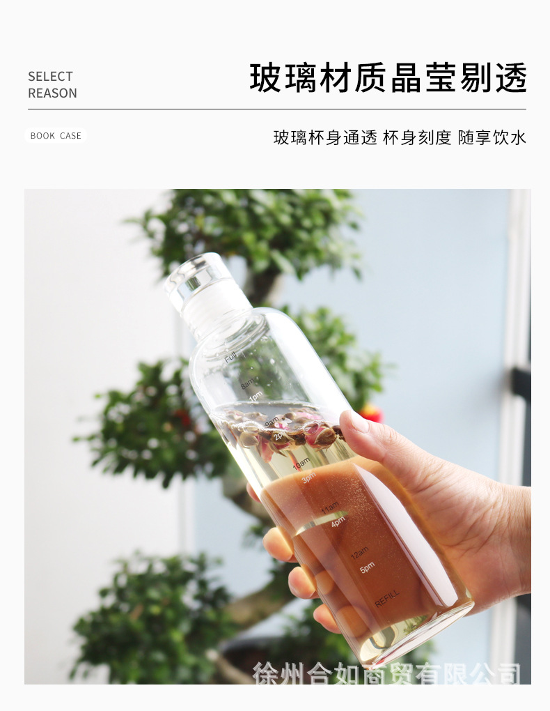 时间刻度玻璃杯冷泡茶杯女ins风透明便携大容量果汁随身喝水杯详情2