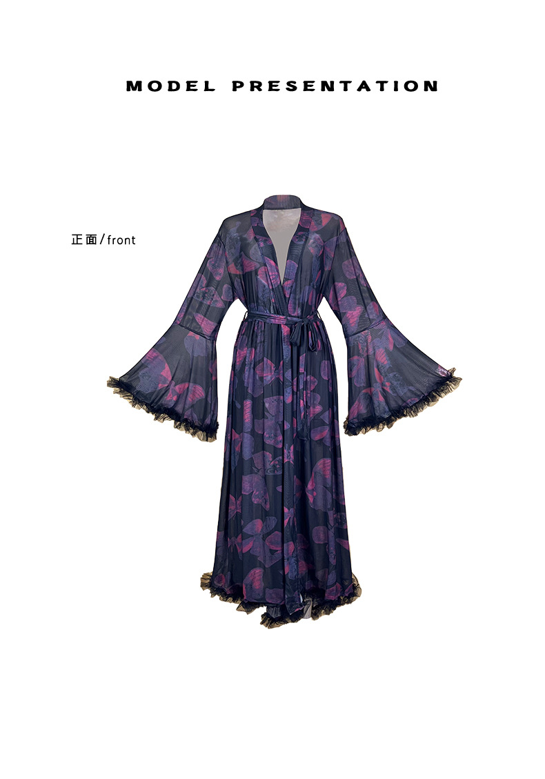 European and American large flared sleeve butterfly print mesh bathrobe, tie tassel, fringed high slit bathrobe, home wear 1119 pic 12