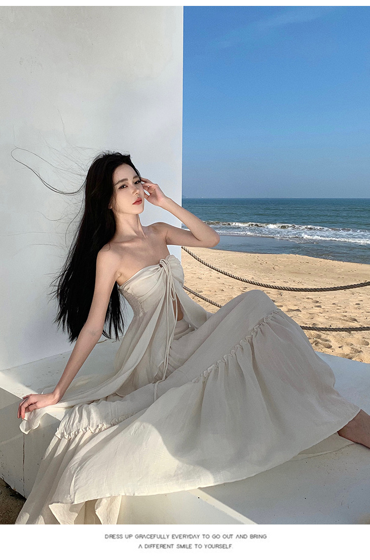 海边度假裙套装纯欲在逃公主超仙露背吊带裙+褶皱大摆半身裙仙女详情9