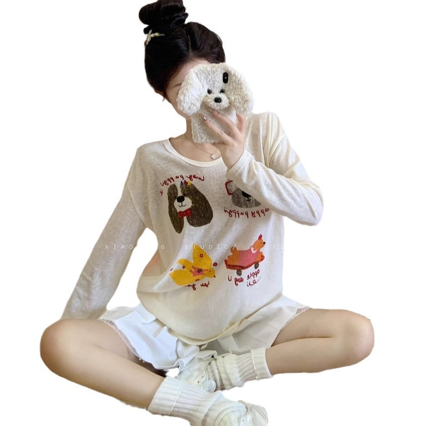 A niche and fun printed long-sleeved T-shirt for women, a thin sun-protective top with a fashionable, laid-back and loose design in autumn pic 11