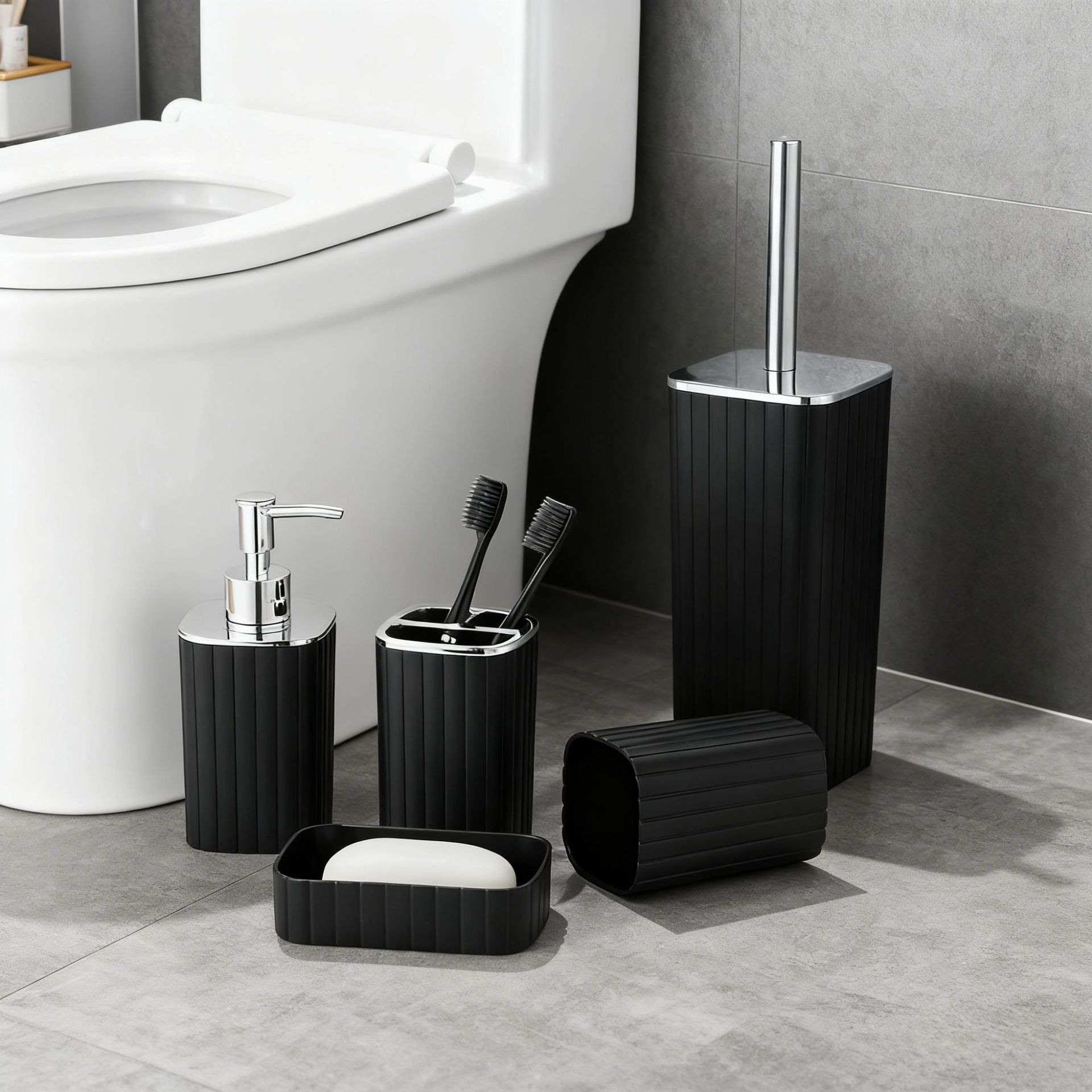 竖条纹卫浴洗漱塑料5件套厂家批发卫生间马桶刷架牙刷架套装轻奢详情4