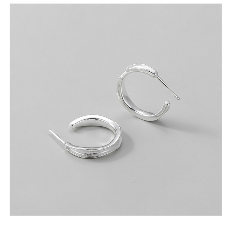 S925 sterling silver basic style Korean-style bright silver C-shaped earrings, retro style Korean fashion earrings wholesale pic 20