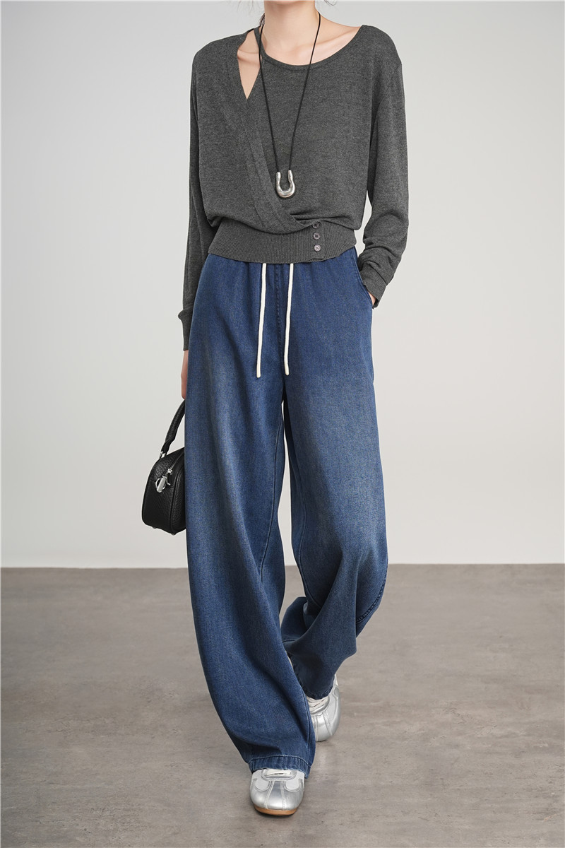 (Tencel wide-leg jeans) Autumn new style retro drape slimming versatile lace-up jeans pod pants pic 6