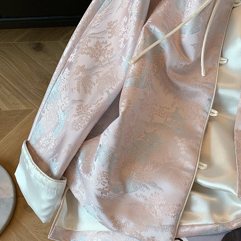 新中式盘扣提花缎面外套2024春季新款复古圆领设计感唐装旗袍上衣详情6