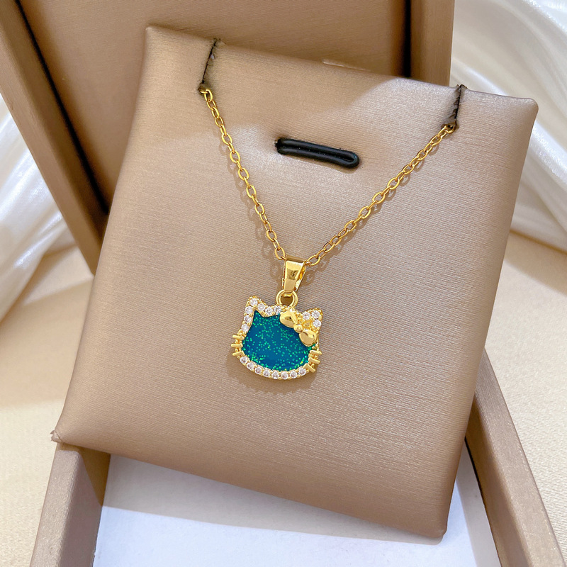 【钛钢】炫彩蝴蝶结猫咪轻奢气质华丽满钻项链女百搭锁骨钛钢链详情9