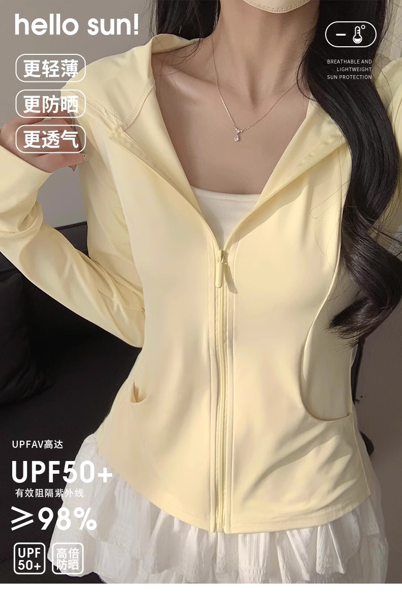 鹅黄色连帽防晒衣女夏季2025新款防紫外线防晒服修身冰丝开衫外套详情1