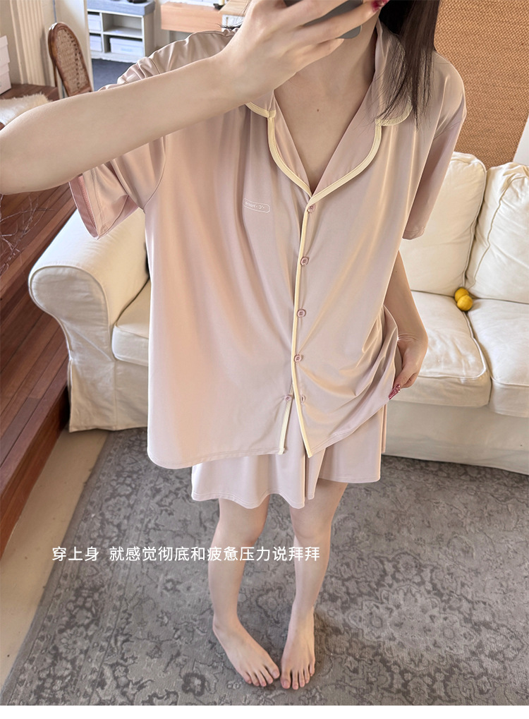 A two-piece set of casual wear for women in the original color ice leather, a summer pajama set with a cool and contrasting color, featuring new short-sleeved shirts and shorts pic 19