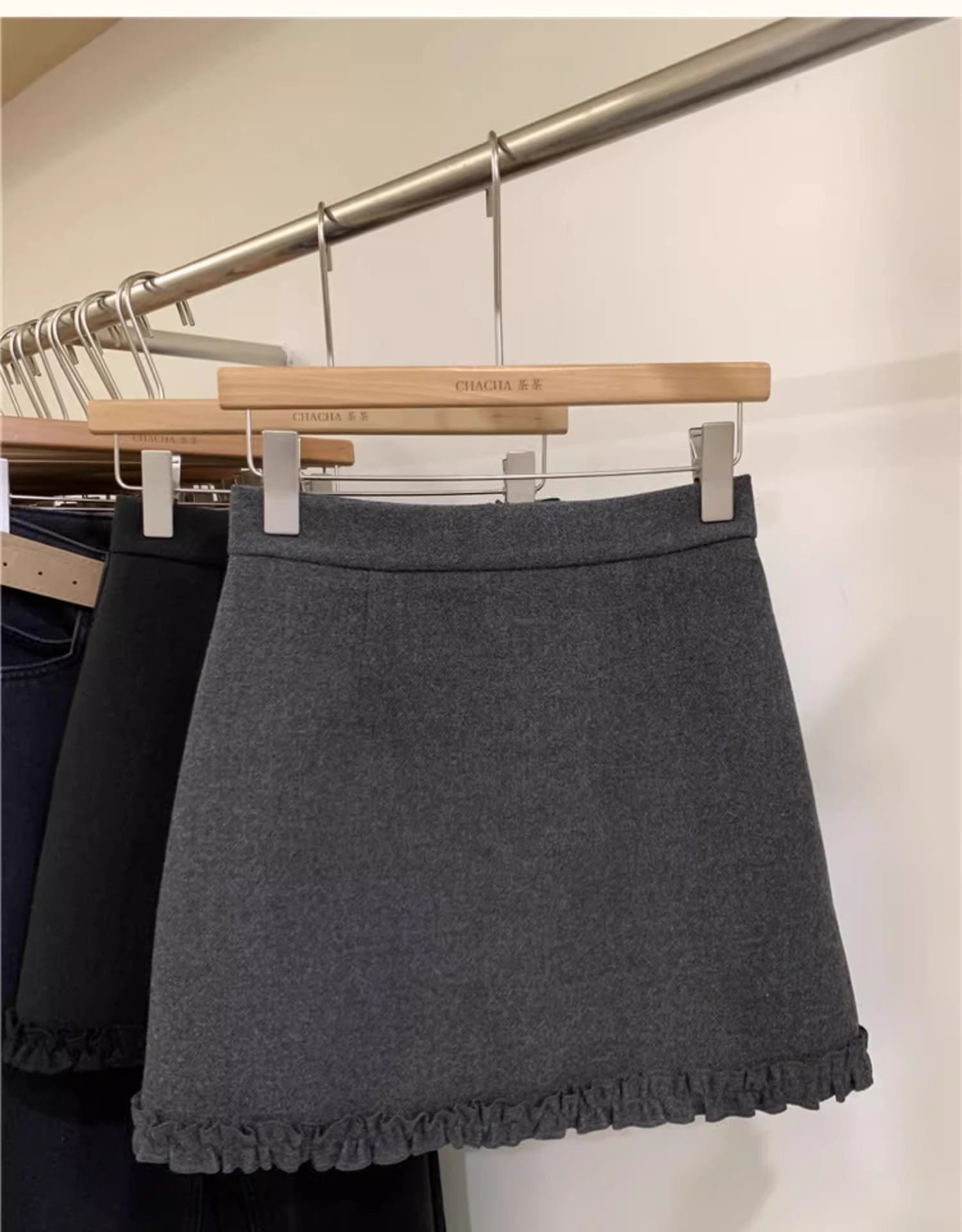 灰色毛呢半身裙女2025秋冬高腰a字包臀裙花边拼接显瘦短裙小个子详情8