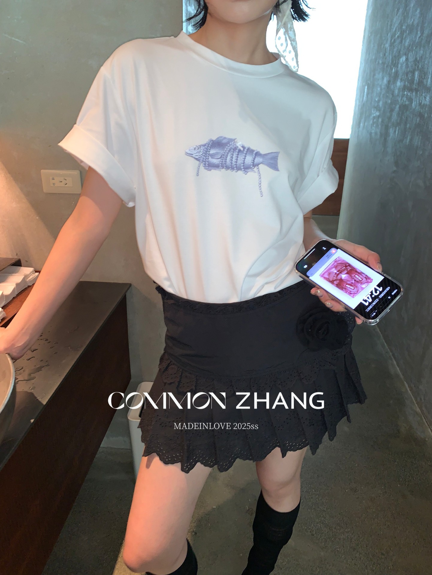 CZ ZHANG Summer Korean style laid-back casual simple printed shoulder loose round-neck short-sleeved T-shirt for women B20777 pic 9